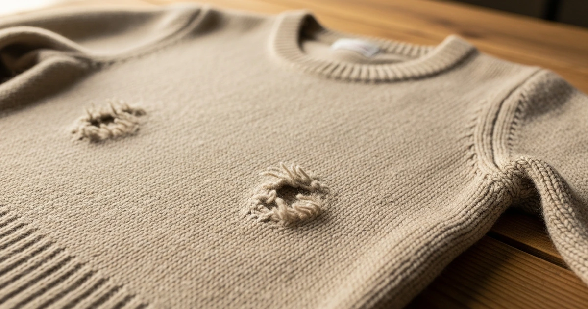 Wollpullover mit typischen unregelmäßigen Fraßlöchern durch Kleidermotten-Larven – Nahaufnahme der Schadstellen
