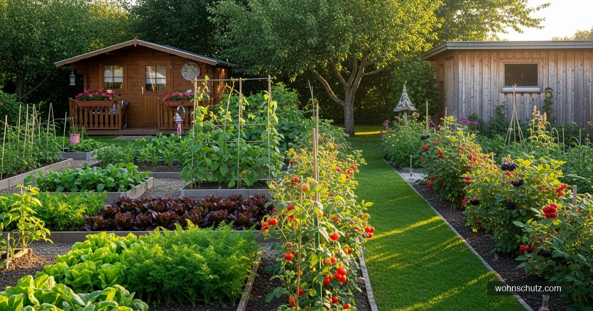 Gepflegter Kleingarten mit Gemüsebeeten, Obstbäumen, Rasen und Gartenlaube in einer deutschen Kleingartenanlage