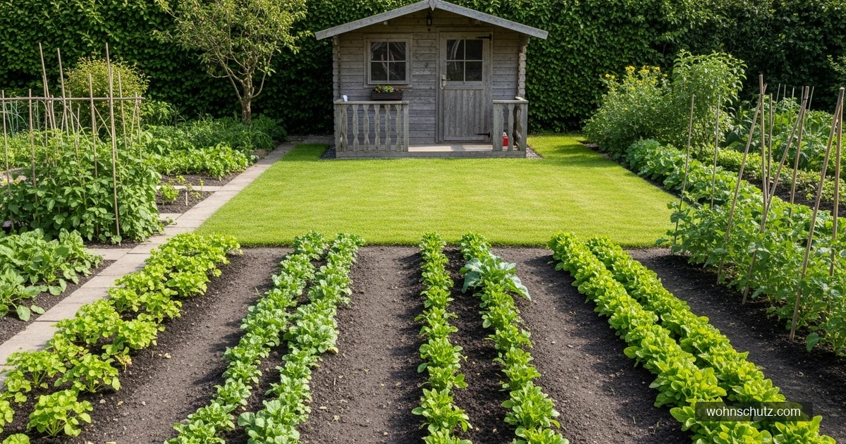 Kleingarten-Parzelle mit Gemüsebeeten, Rasenfläche zur Erholung und Gartenlaube – Aufteilung nach Drittelregelung