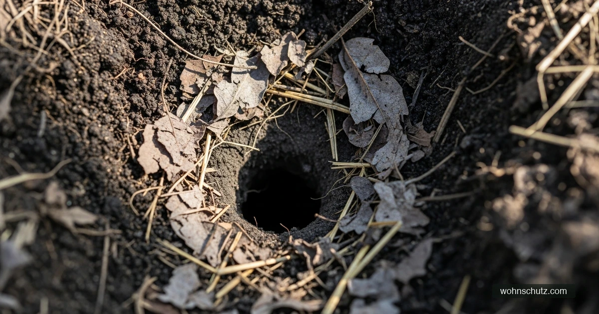Rundes Rattenloch am Boden eines Komposthaufens im Garten