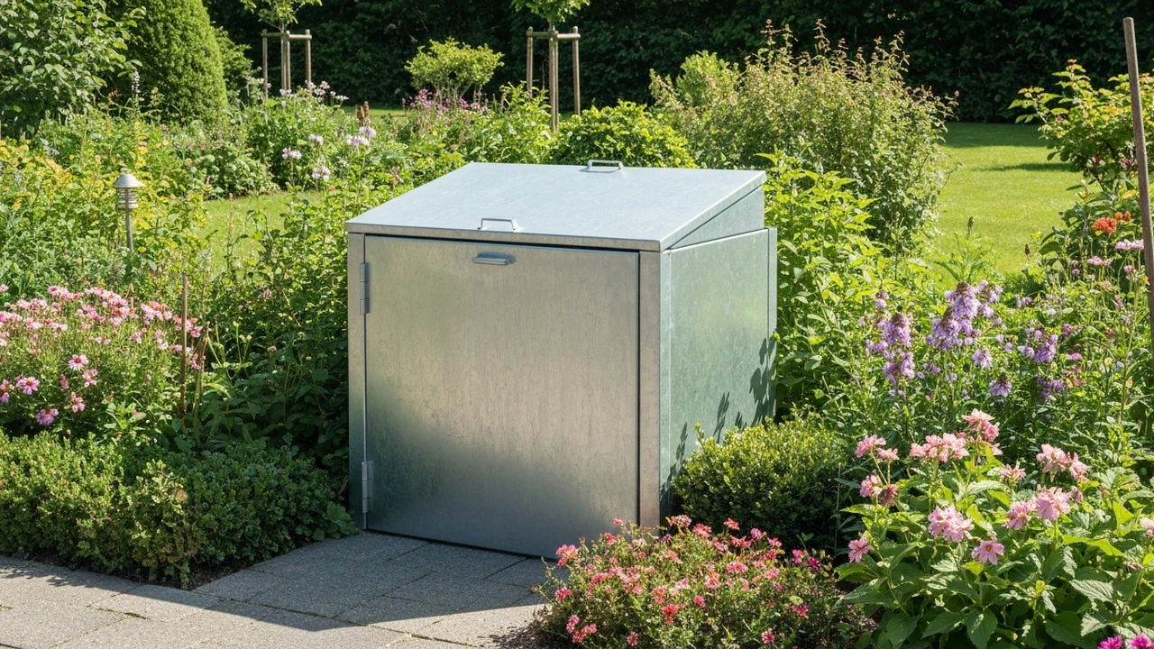 Rattensicherer Metallkompostbehälter mit engmaschigem Bodengitter im Garten