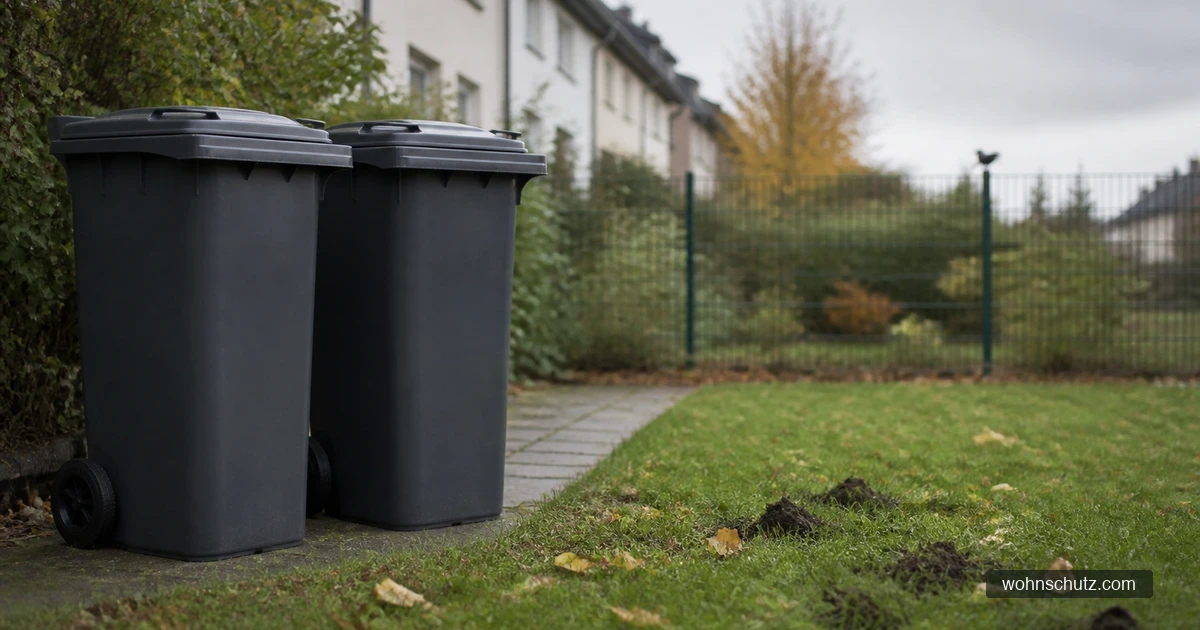 Gesicherte Mülltonnen am Reihenhausgarten, daneben eine Rasenfläche mit aufgerissenen Grasstellen, im Hintergrund ein Rabenvogel auf dem Zaun