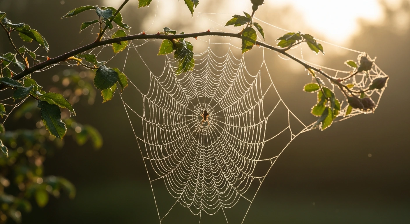 Radnetz der Gartenkreuzspinne zwischen Gartenpflanzen – feine Spinnenfäden im Morgenlicht