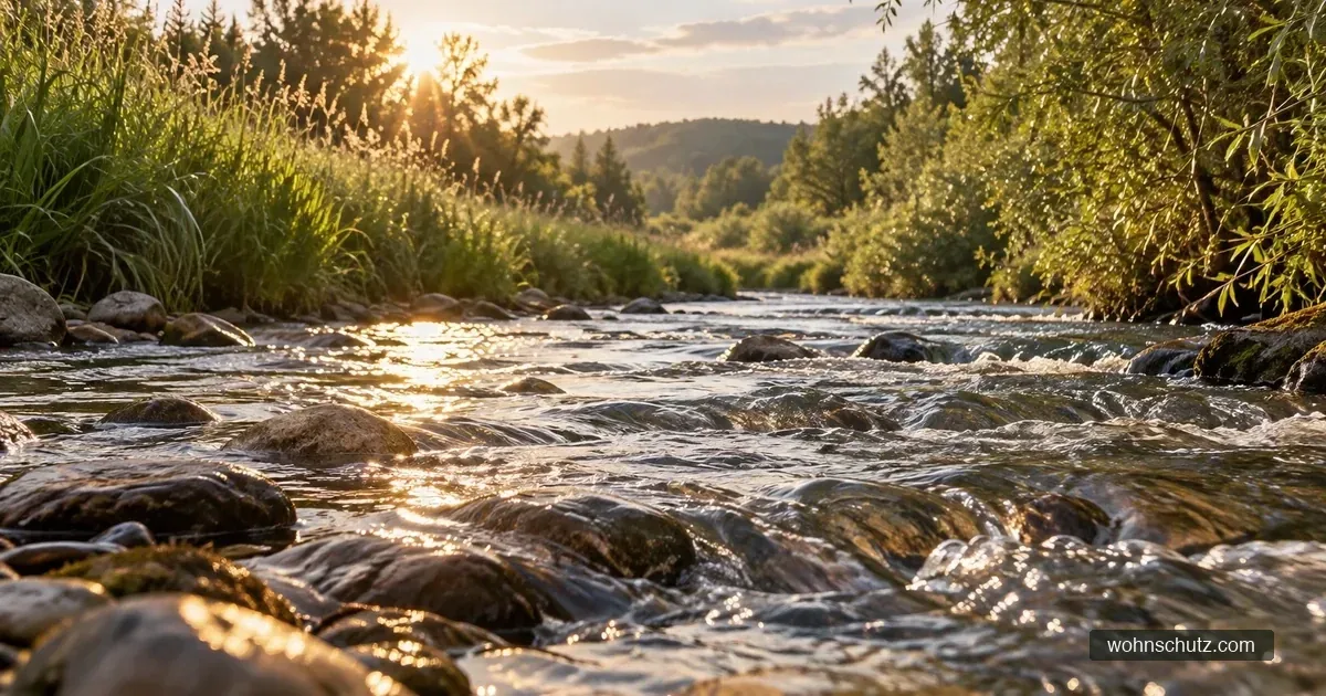 Bachlauf mit flach überströmten Steinen im Gegenlicht, am Ufer hohes Gras