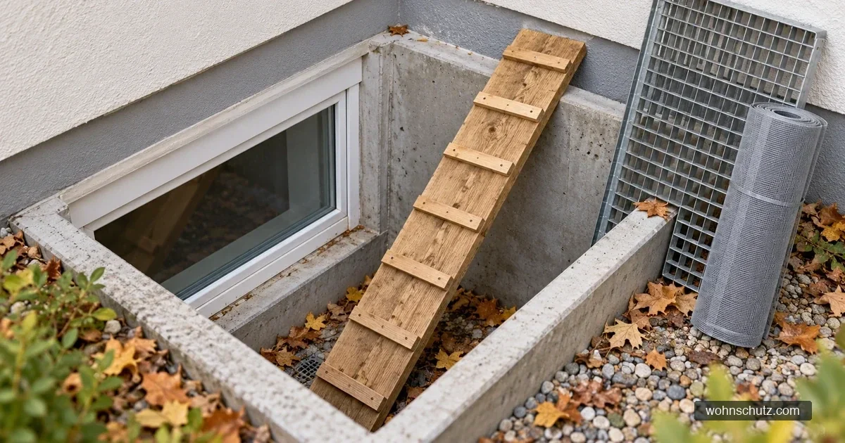 Kellerlichtschacht aus Beton mit schräg eingestelltem rauem Holzbrett mit Querleisten als Ausstiegsrampe, daneben angelehnter Gitterrost und eine Rolle feinmaschiges Gitter