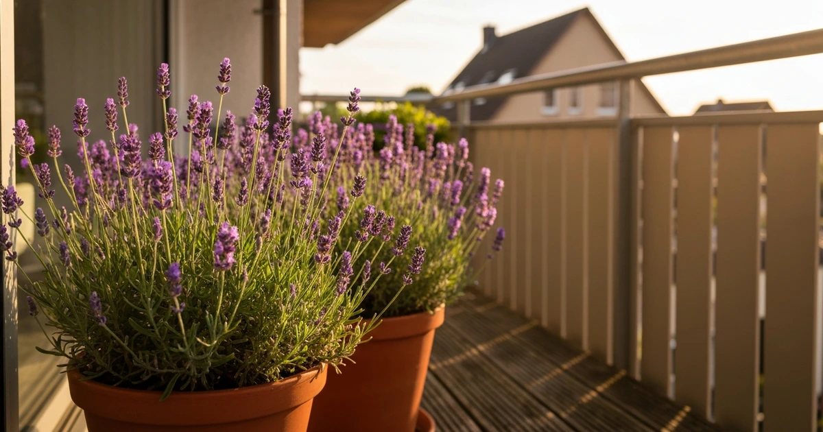 Lavendelpflanzen in Terrakotta-Töpfen auf einem deutschen Balkon im Sonnenlicht