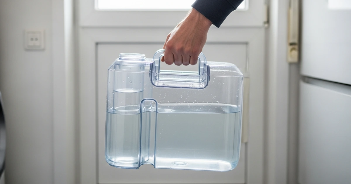 Voll gelaufener Wassertank eines Luftentfeuchters wird geleert