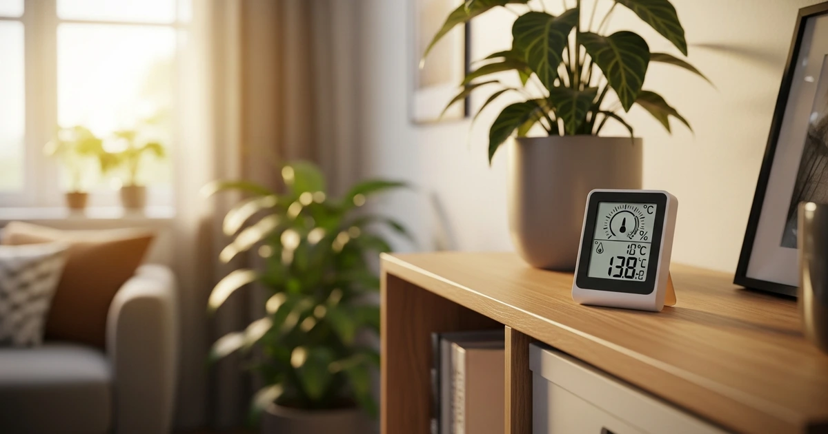 Digitales Hygrometer zeigt Luftfeuchtigkeit und Temperatur in einem hellen Wohnzimmer