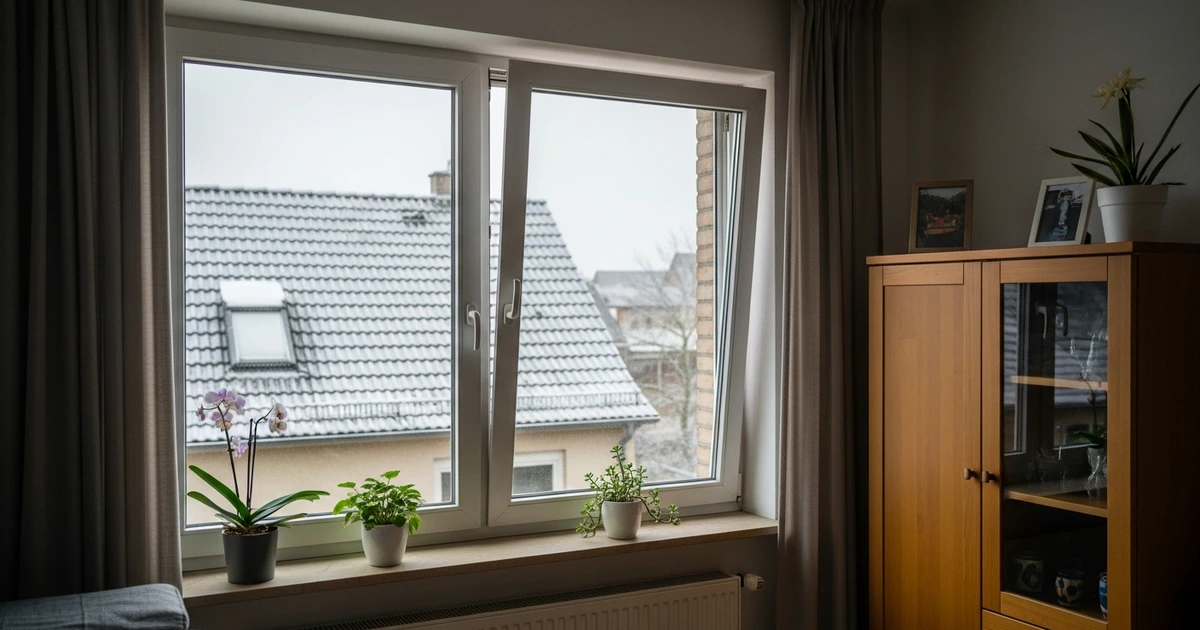 Weit geöffnetes Fenster im Winter zum Stoßlüften – Luftaustausch bei kalten Temperaturen