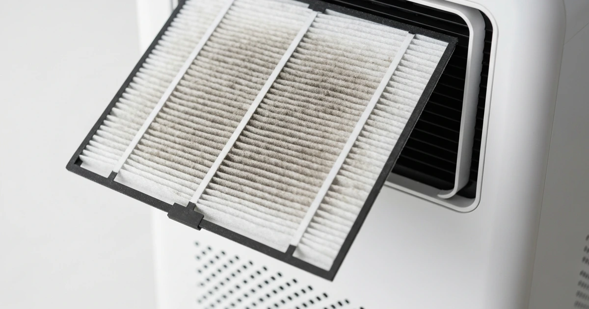 HEPA-Filter eines Luftreinigers wird gewechselt – deutlich sichtbarer Staub auf dem alten Filter
