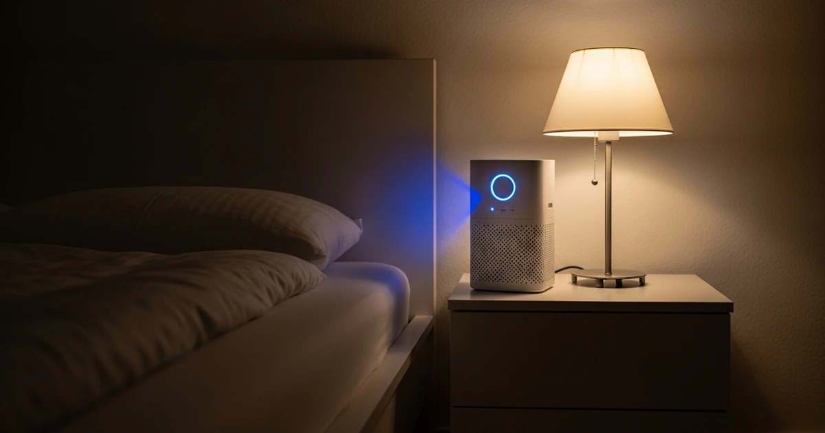Luftreiniger im Schlafzimmer bei Nacht – leise laufend neben dem Bett