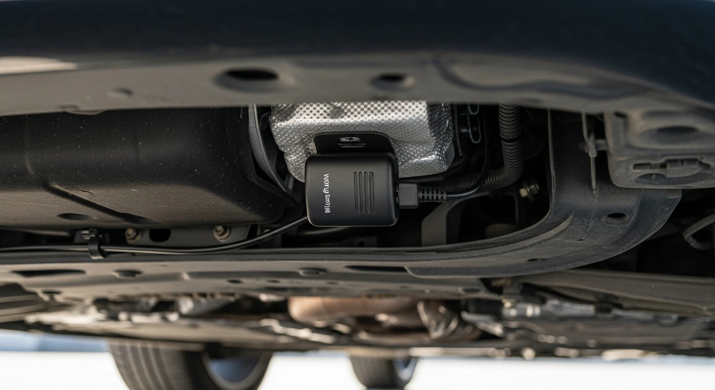Ultraschall-Marderschutzgerät montiert im Motorraum eines Autos – kompakter Sender an der Karosserie befestigt