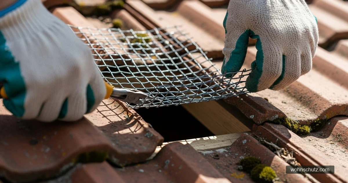 Dachdecker installiert Drahtgeflecht zur Marderabwehr an Lüftungsöffnung