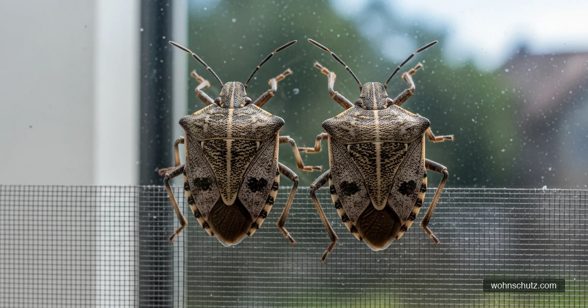 Marmorierte Baumwanze außen am Fensterrahmen vor einem Insektenschutzgitter, das das Eindringen in die Wohnung verhindert