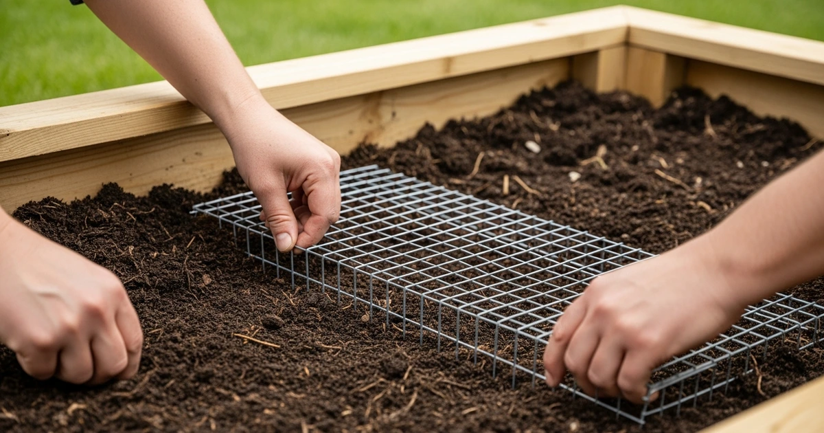 Drahtgitter unter Hochbeet als Schutz vor Wühlmäusen – Installation im Garten