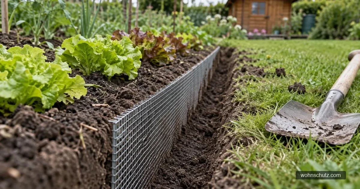 Senkrecht eingegrabenes verzinktes Drahtgitter am Rand eines Gartenbeets