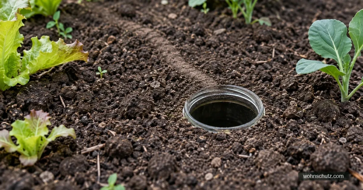 Ebenerdig eingegrabenes Fangglas an einem flachen Gang in einem Gemüsebeet
