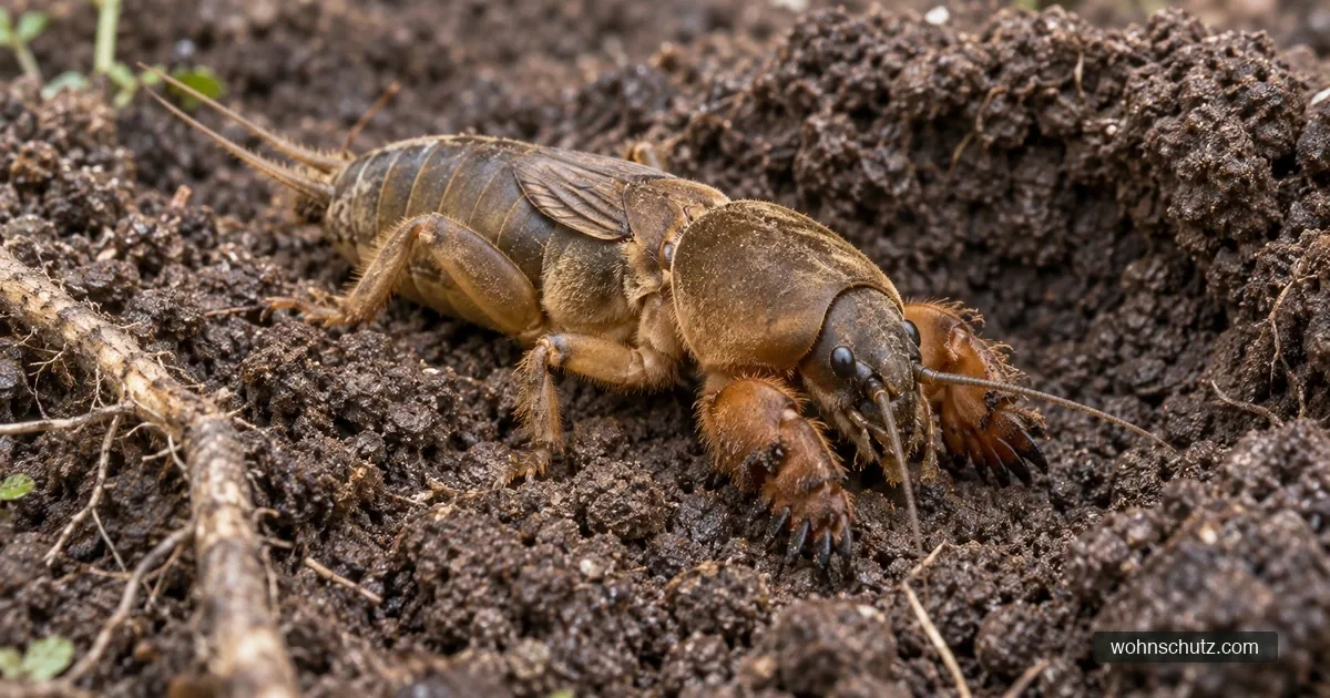Maulwurfsgrille auf dunkler Gartenerde mit deutlich sichtbaren kräftigen Grabbeinen
