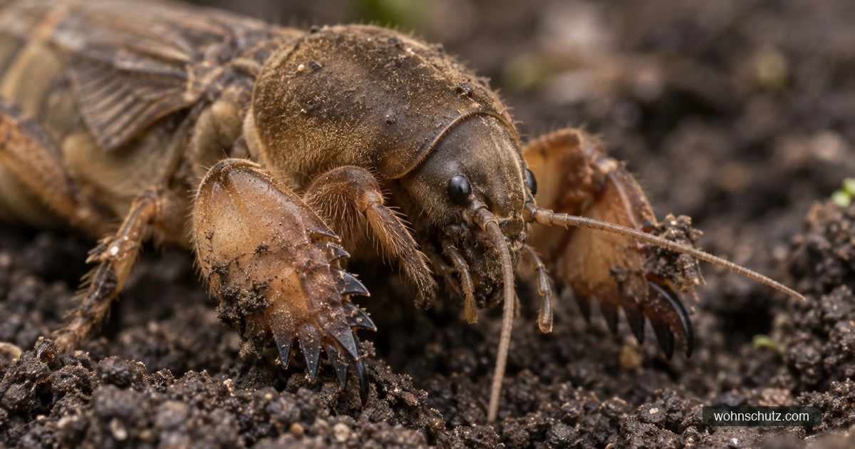 Maulwurfsgrille auf dunkler Gartenerde mit breiten schaufelförmigen Vorderbeinen
