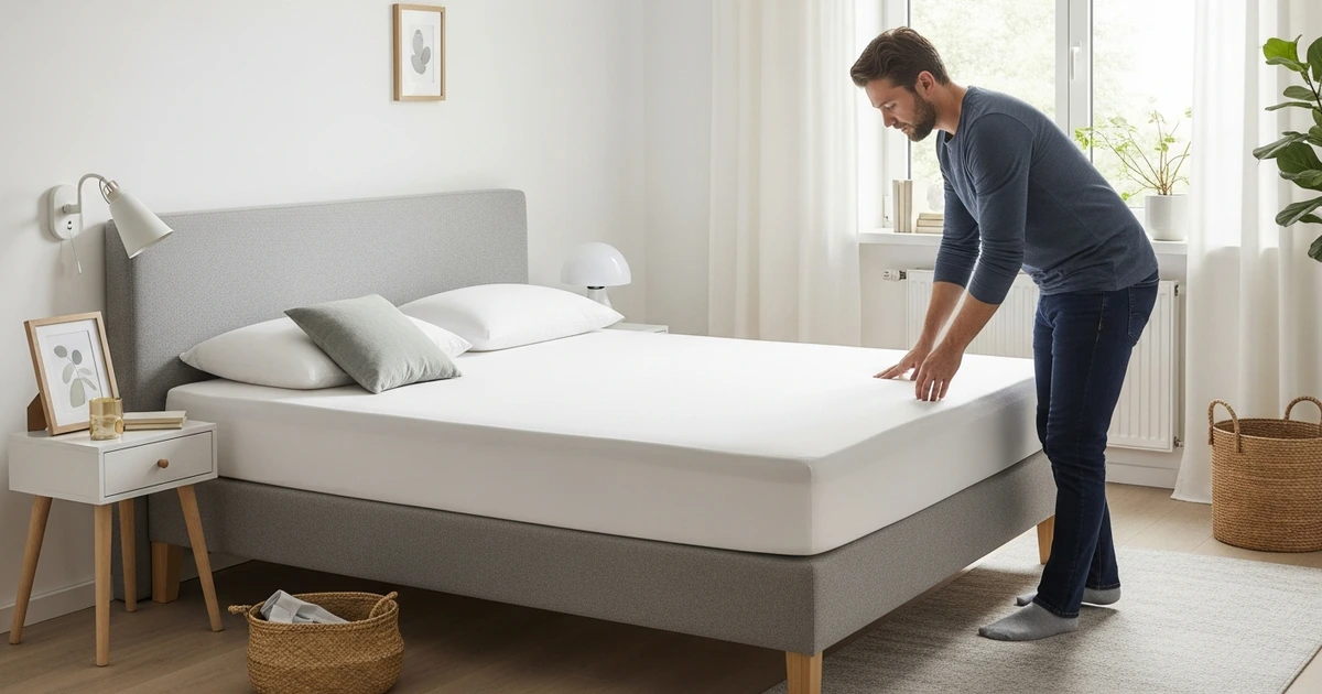 Schlafzimmer mit frisch überzogenem Bett und milbendichtem Encasing-Matratzenbezug – sauber und allergenarm