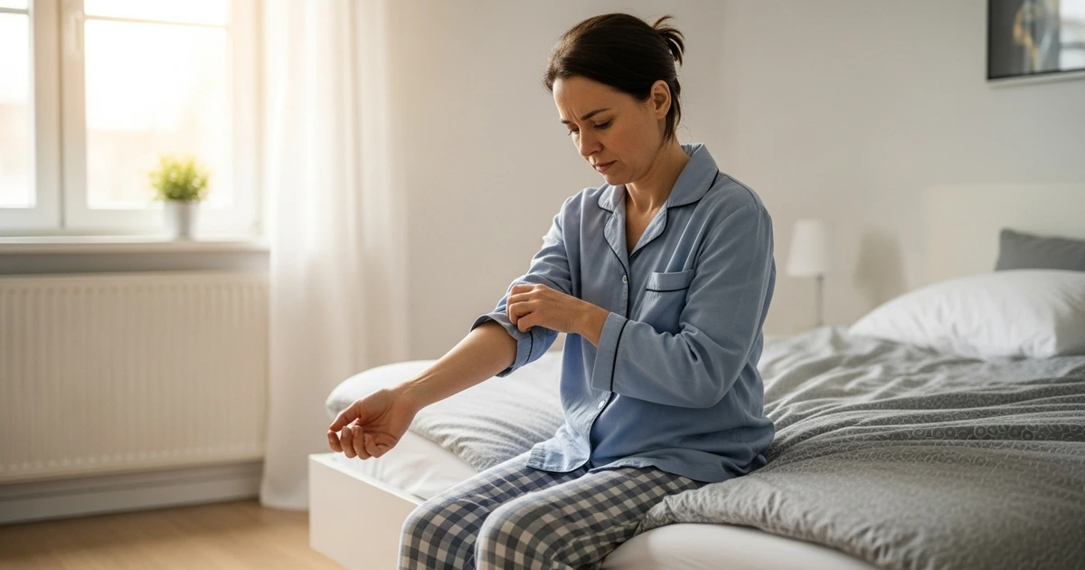 Person zeigt gerötete Haut am Unterarm – allergische Reaktion auf Milbenallergene im Bett