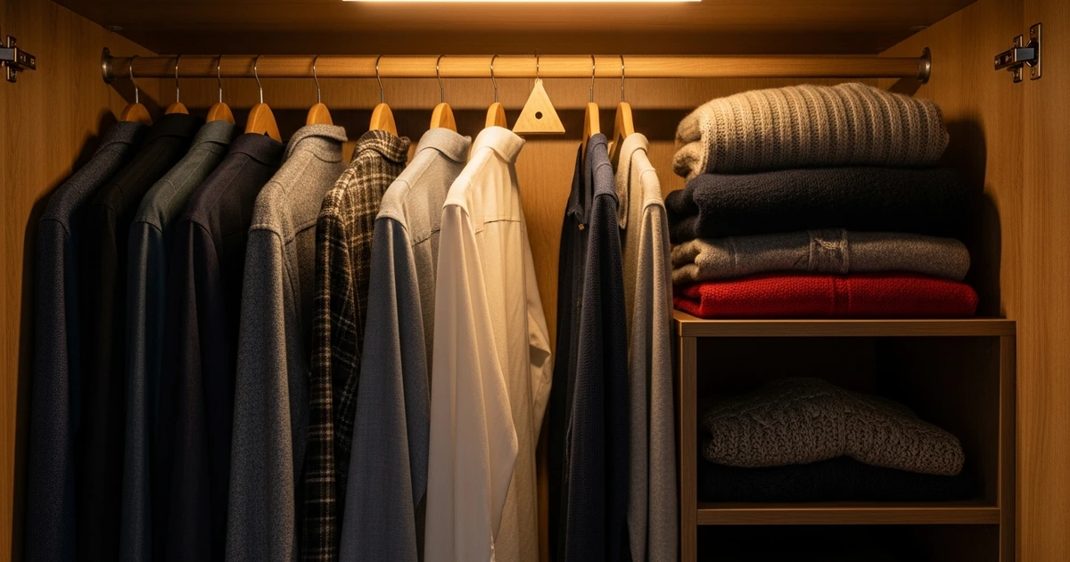 Pheromonfalle für Kleidermotten im Kleiderschrank positioniert – zwischen Wollpullovern auf halber Höhe des Schranks