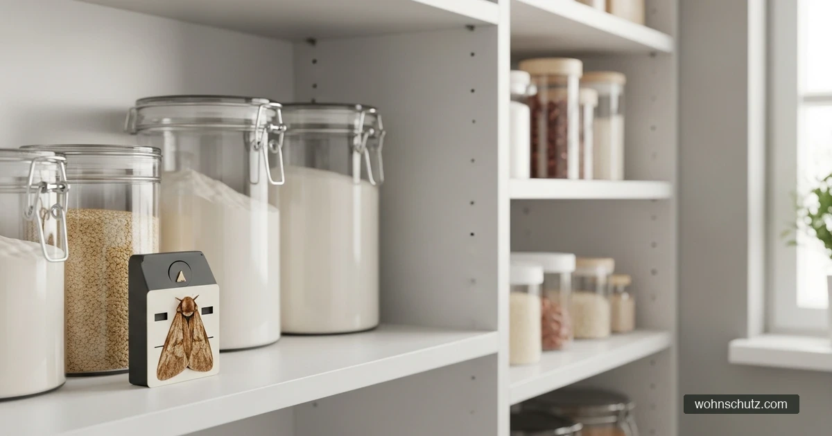 Pheromonfalle für Lebensmittelmotten im Küchenschrank – neben Mehl und Getreideprodukten positioniert