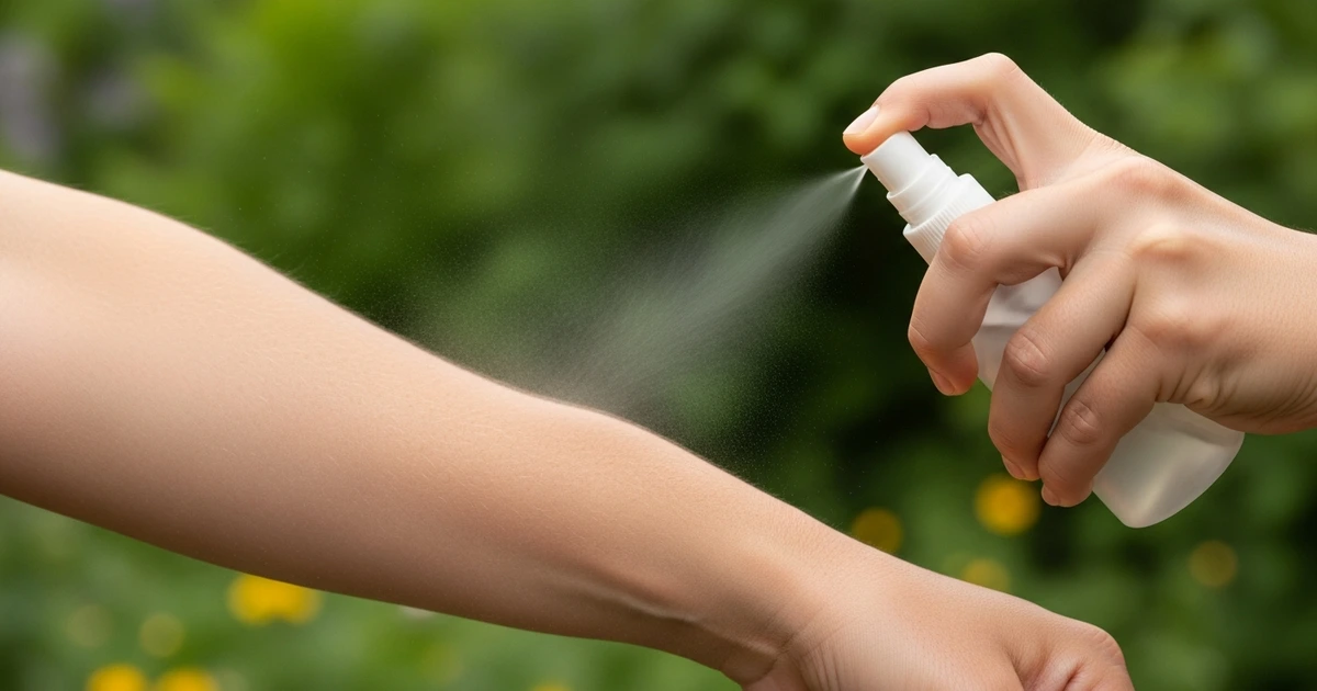 Person trägt DEET-Mückenspray auf den Arm auf – Schutz vor Mückenstichen im Freien