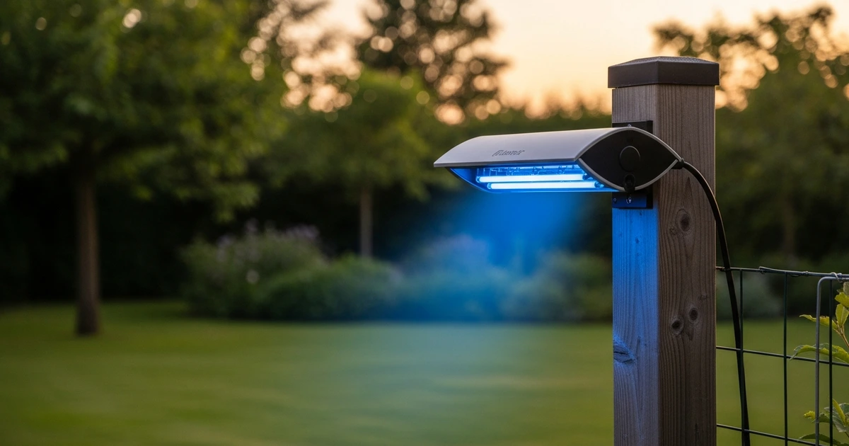 UV-Insektenfalle im Außenbereich am Abend – blaues Licht zieht Mücken an