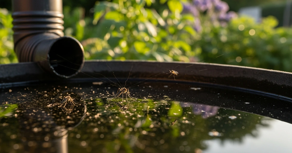 Stechmücken über stehendem Wasser im Garten – Brutplätze in Regentonne und Teich