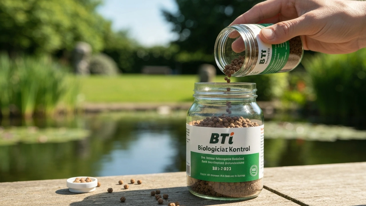BTi-Granulat wird gleichmäßig auf der Teichoberfläche verteilt – biologische Mückenlarvenbekämpfung