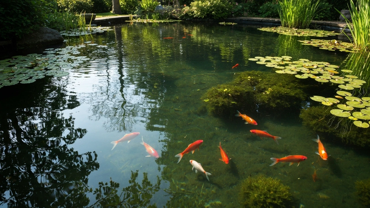 Goldfische im Gartenteich fressen Mückenlarven an der Wasseroberfläche