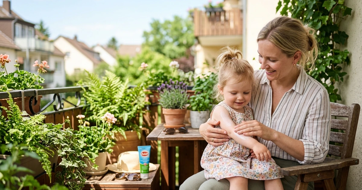 Mutter trägt Mückenschutzmittel auf den Arm eines Kleinkindes auf einem sonnigen Balkon auf