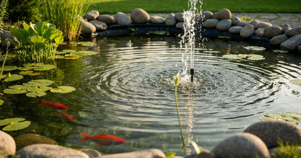 Gartenteich mit Fischen und Wasserbewegung durch Pumpe – verhindert Mückenlarvenentwicklung
