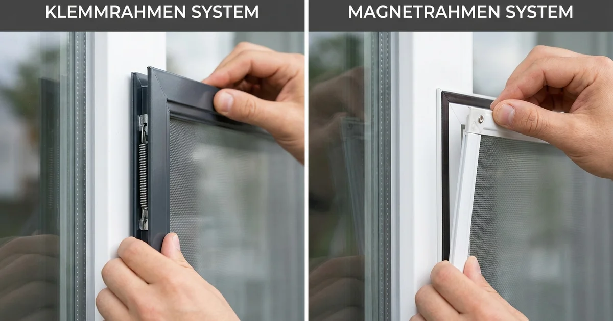 Vergleich Klemmrahmen und Magnetrahmen am Fenster – Montage ohne Bohren