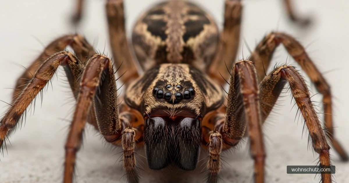 Nahaufnahme des Vorderkörpers einer Nosferatu-Spinne mit dunkler maskenartiger Zeichnung