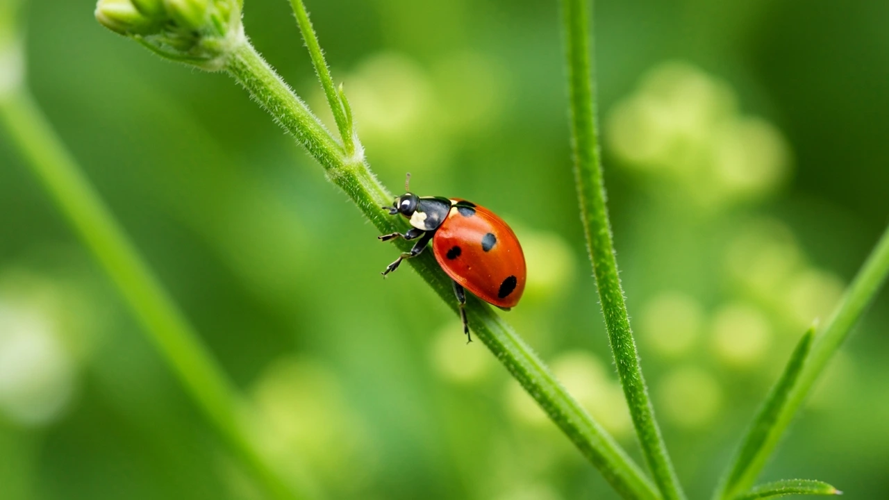 Marienkäfer auf Pflanzenstiel mit Blattläusen – natürlicher Nützling im deutschen Garten