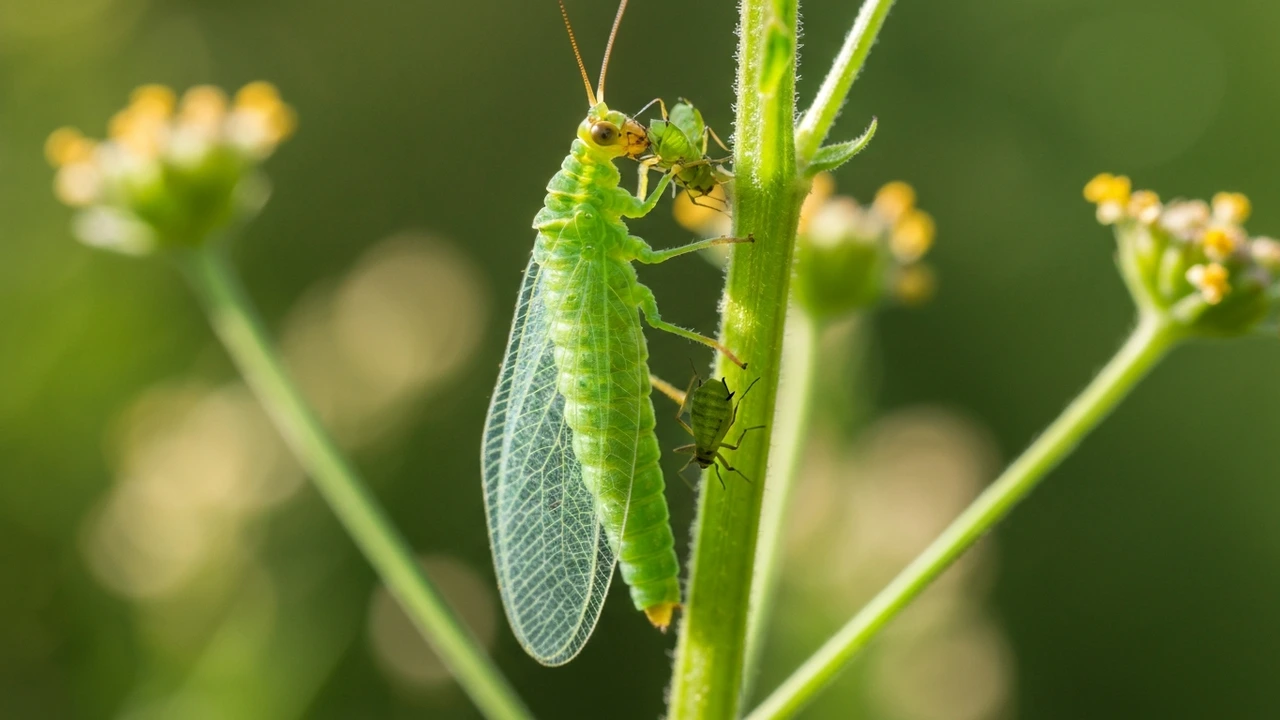 Florfliegenlarve frisst Blattläuse auf Pflanzenstiel – effizienter Nützling