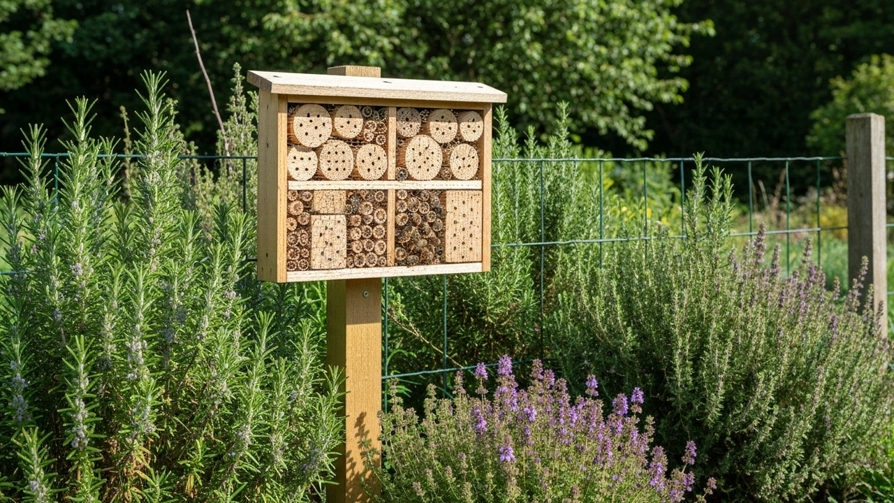 Insektenhotel im Garten mit Nisthilfen für Wildbienen und Nützlinge