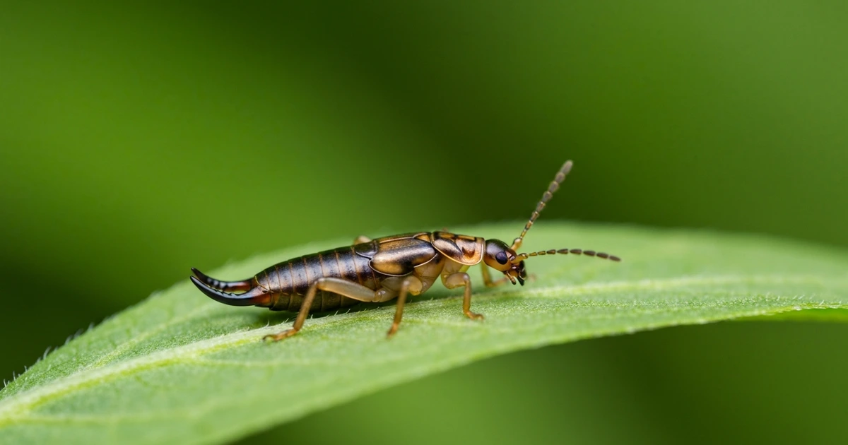 Ohrwurm auf Pflanzenblatt im Garten – Forficula auricularia mit charakteristischer Zange