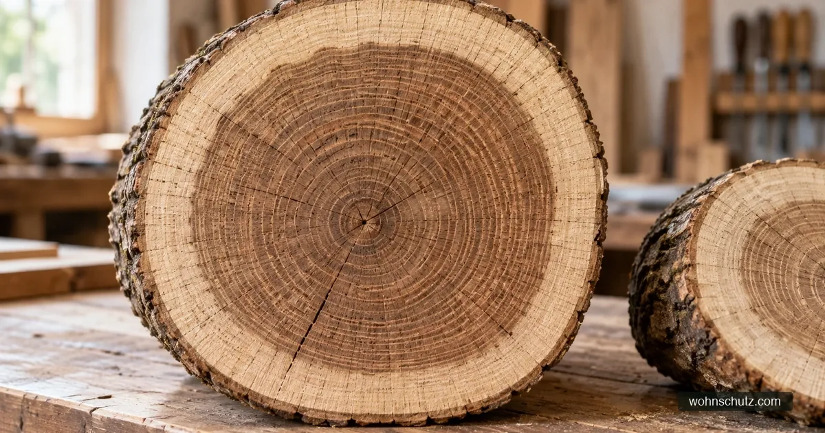 Querschnitt von Eichenholz mit hellem Splintholz am Rand und dunklerem Kernholz im Inneren