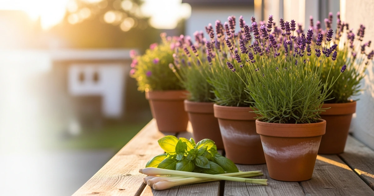 Pflanzen gegen Mücken – Lavendel, Zitronengras und Basilikum auf Balkon