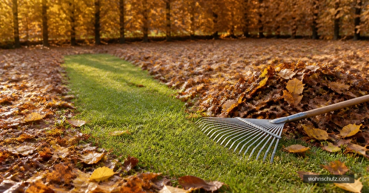 Rasenfläche im Herbst, eine Bahn ist bereits von Laub freigerecht, daneben ein Fächerbesen und ein Laubhaufen vor einer Buchenhecke