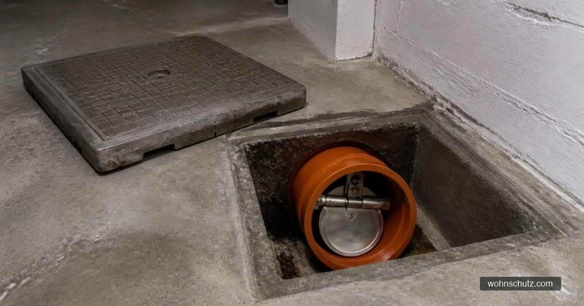 Offener Revisionsschacht im Keller mit eingebauter Rattenklappe im Abwasserrohr