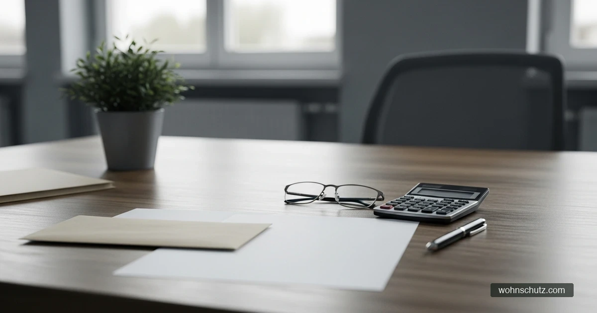 Schreibtisch mit Umschlag, Papier, Taschenrechner und Brille – Symbol für Bußgeldbescheid und Behördenpost