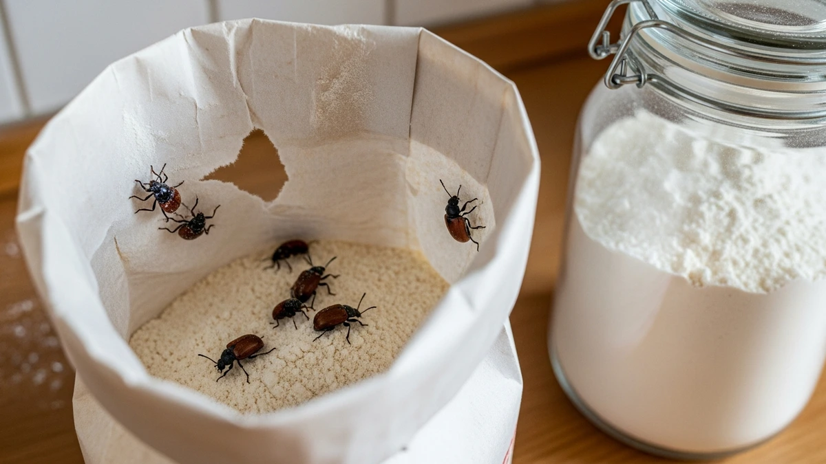 Mehlpaket und Haferflockendose in einer deutschen Küche – Reismehlkäfer befallen bevorzugt Mahlprodukte wie Mehl, Grieß und Haferflocken