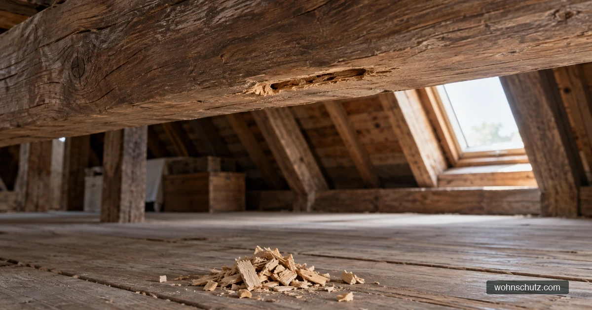 Dachbalken mit einem schmalen Schlitz, darunter ein Häufchen heller Holzspäne auf dem Dielenboden