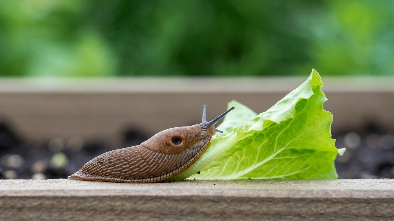 Nacktschnecke an Salatpflanze im Hochbeet – typischer Schaden