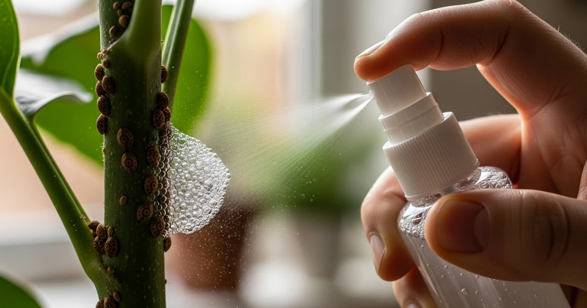 Seifenwasser wird mit einer Sprühflasche auf einen befallenen Pflanzenstiel aufgetragen
