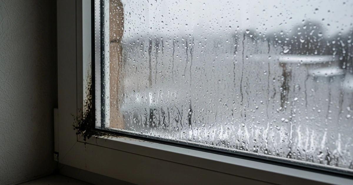 Kondenswasser und dunkle Schimmelflecken am Fensterrahmen im Winter